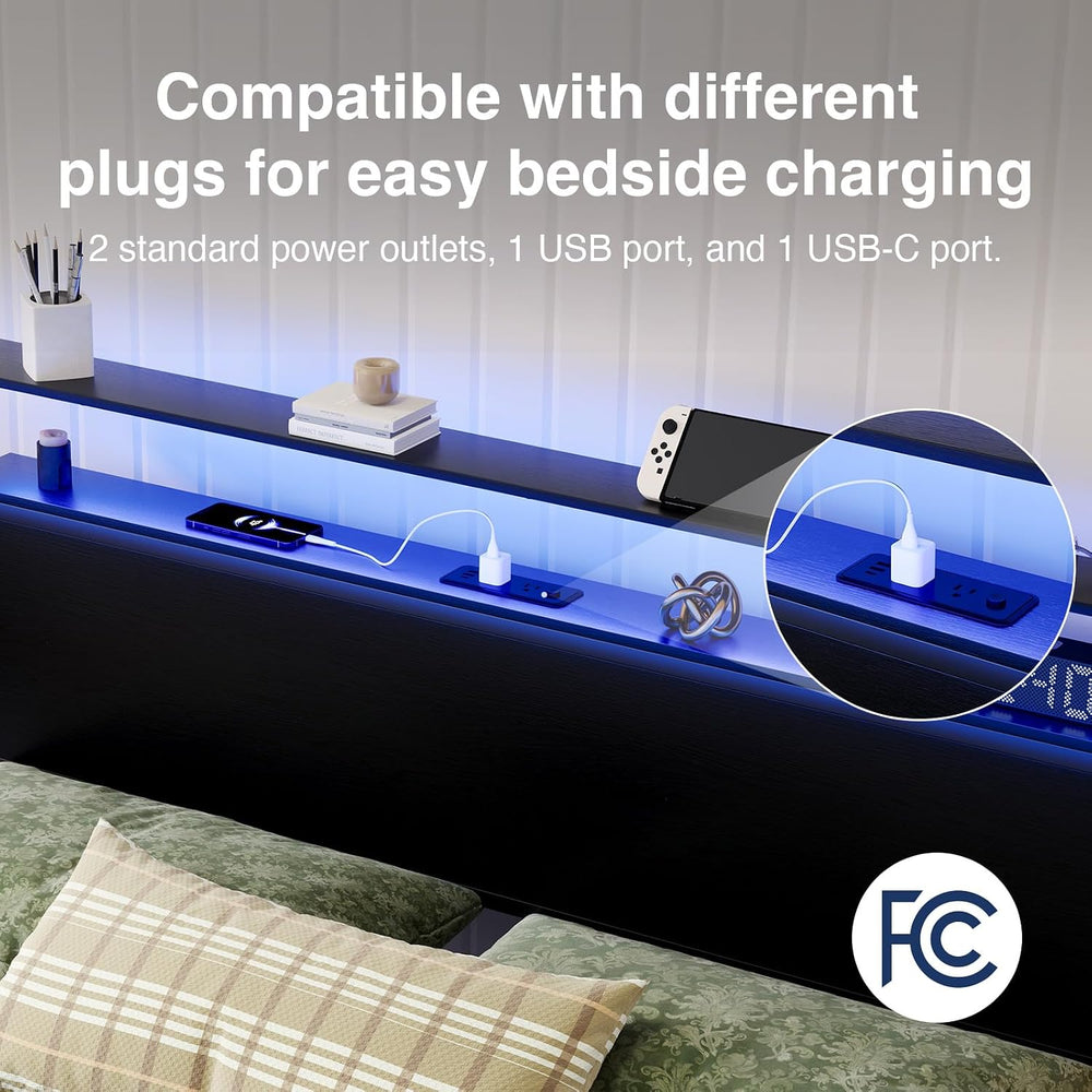 Novilla Full Bed Frame with LED Lights and Charging Station, Metal Platform B...