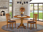 East West Furniture DLAV3-SBR-LC 3 Piece Dining Set Contains a Round Dining Table with Dropleaf and 2 Faux Leather Kitchen Room Chairs, 42x42 Inch, Saddle Brown