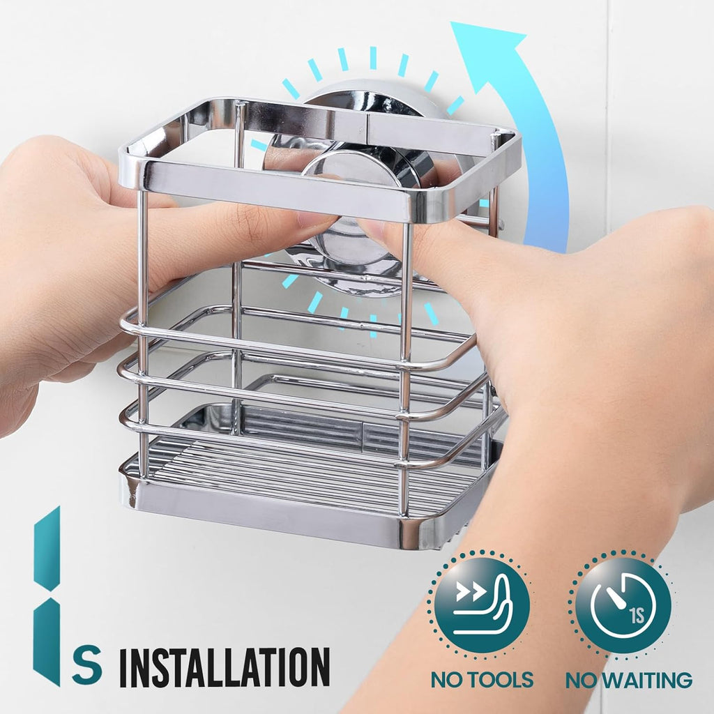 TAILI Patented Suction Cup Toothbrush Holder, Stainless Steel Anti-Puddling Shower Toothbrush Holder, No Drilling Removable Organizer for Bathroom Toothpaste, Razor, Kitchen and Office Items, Silver