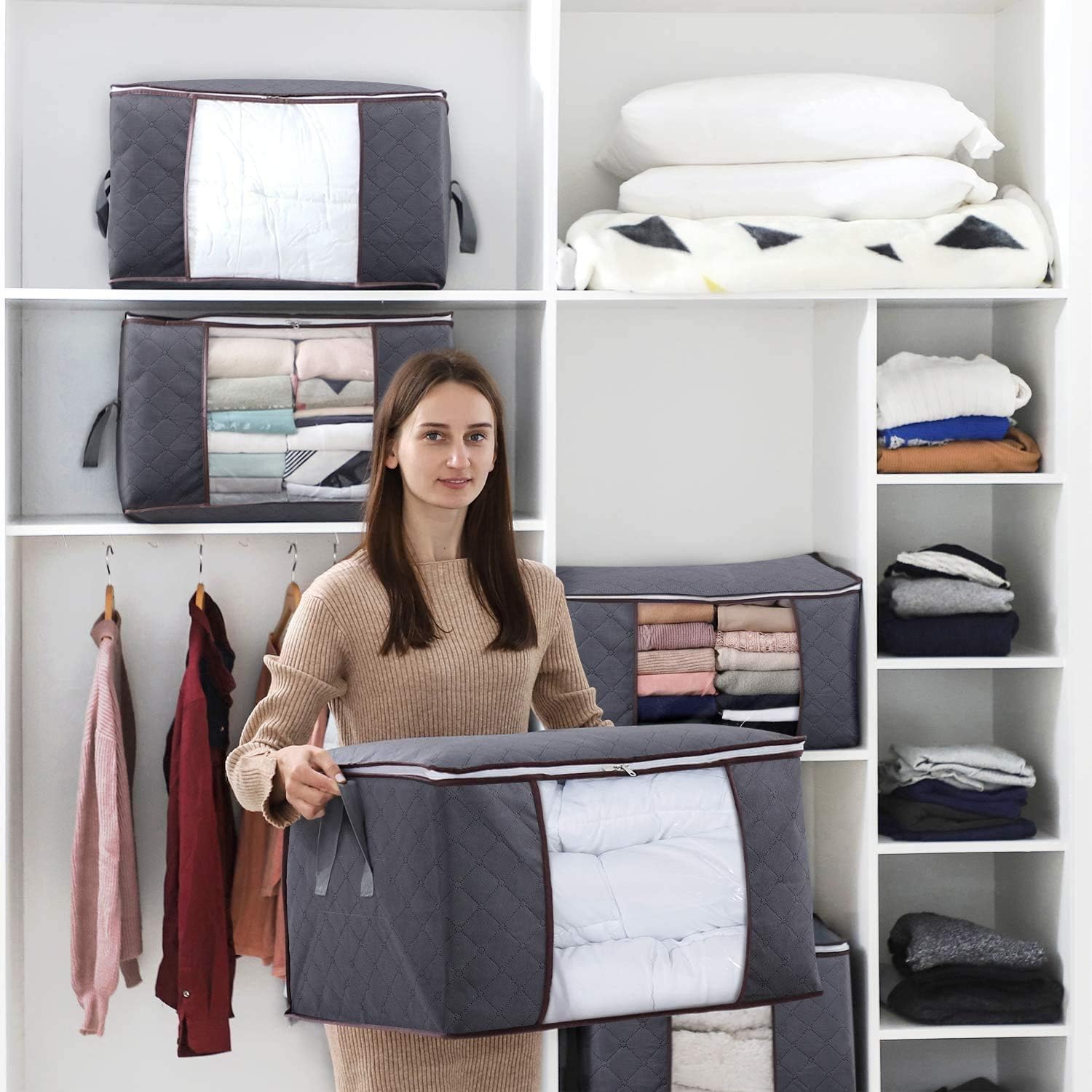 Lifewit 90L Large Storage Bags, 6 Pack Closet Organizers and Storage, Clothes Storage Bins with Lids, Foldable Storage Containers with Reinforced Handles for Clothing, Blanket, Bedding, Comforter Gray