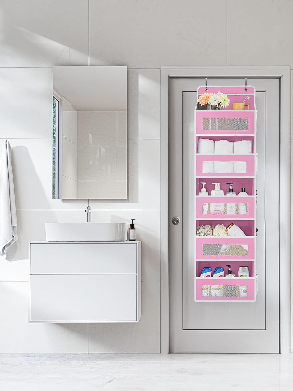 JARLINK 2 Pack Over The Door Organizer Storage, 5 Shelf Hanging Door Organizer with 5 Large Capacity Pockets, Anti Tilt 44 lb Load Behind Door Storage for Bedroom, Bathroom, Pantry, Nursery, (Pink)