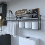 RICHER HOUSE 2+1 Tier Wall Mounted Floating Shelves Set of 2, Rustic Wood Wall Shelf with Metal Frame, Extra Storage Rack for Bathroom, Kitchen, Bedroom with Tissue Rack & Towel Bar - White Gold