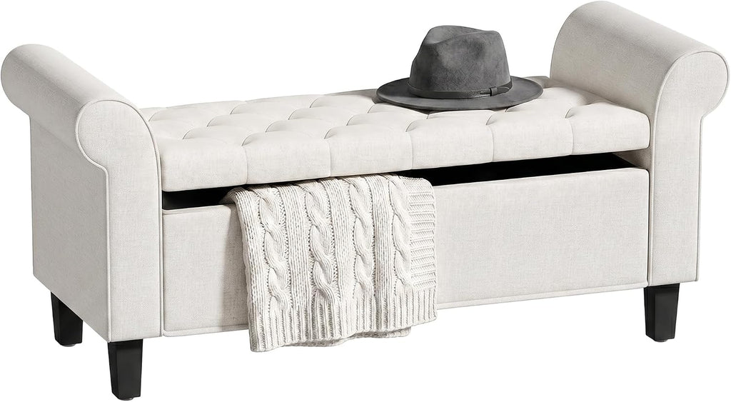 HOMCOM 47" Storage Ottoman End of Bed Bench with Rolled Arms Cream White | Long Ottoman with Storage Chest, Safety Hinge, Wooden Legs, Upholstered End of Bed Bench, Bedroom Entryway Living Room