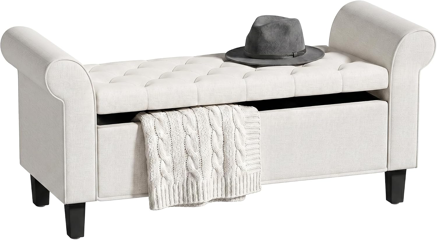 HOMCOM 47" Storage Ottoman End of Bed Bench with Rolled Arms Cream White | Long Ottoman with Storage Chest, Safety Hinge, Wooden Legs, Upholstered End of Bed Bench, Bedroom Entryway Living Room