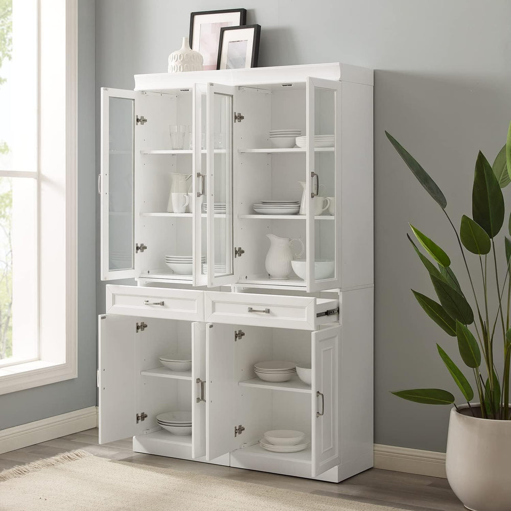 HomeStock Pantry Cabinet Set with Glass Doors - White Kitchen Storage - 2 Piece