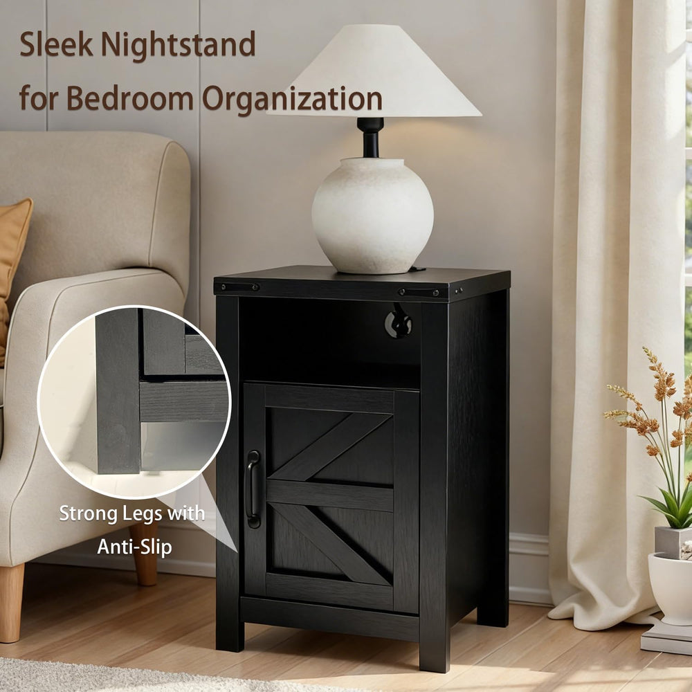 Farmhouse Nightstand Set of 2 with Charging Station, Modern Bedside Table wit...
