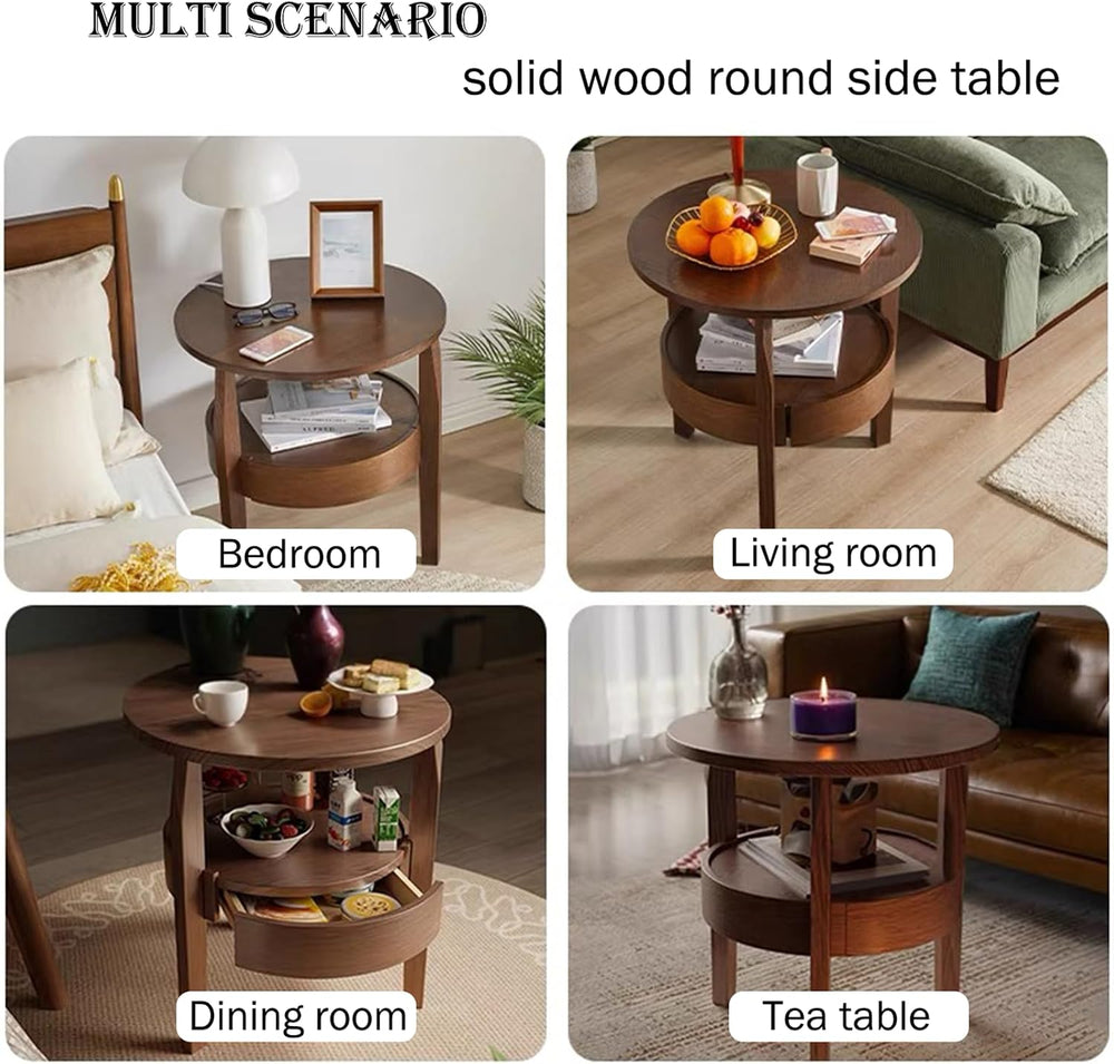 YUNMUAIR-Round Side Table with Drawer,2-Tier Vintage End Table with Storage,N...
