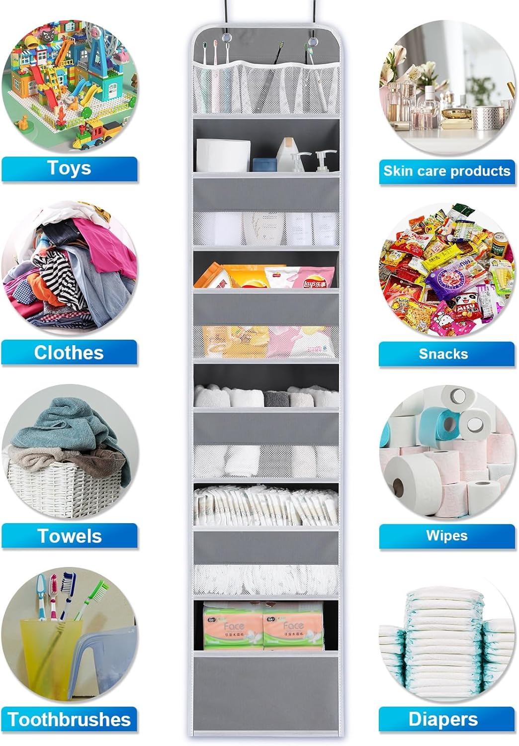 Over the Door Organizers - 5 Shelf Hanging Door Storage with 5 Spacious Pockets, Anti -Tilt 44 lb Load Behind Door Organizer for Bedroom,Nursery,Bathroom,Kitchen,Dorm,Pantry - 1 Pack,Grey