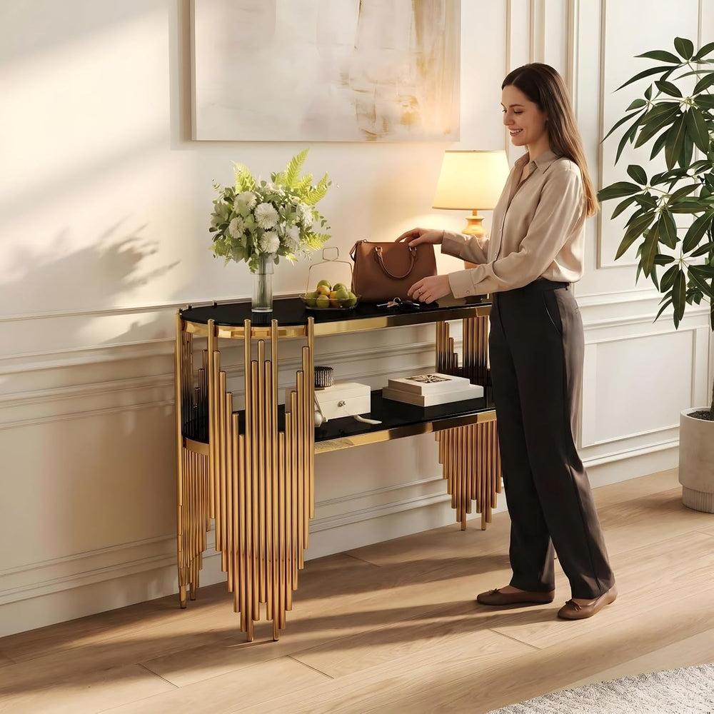 Luxury Gold Console Table with 2-Tier Black Tempered Glass Shelves, 47" ...