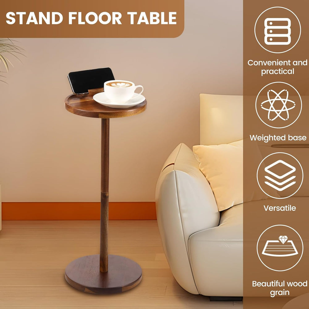 Round Side Table, Small Drink Table for Small Spaces, Wooden Pedestal Side Ta...