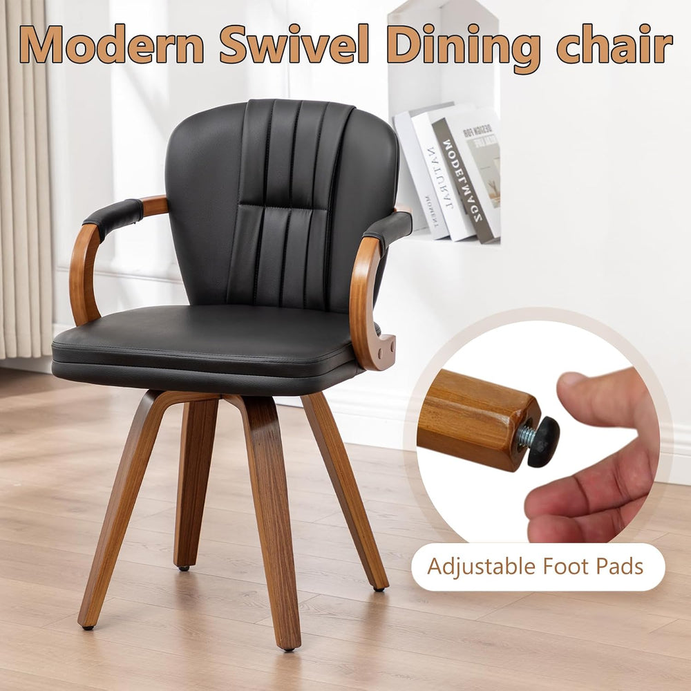 Swivel Dining Chairs Mid Century Modern Black Faux Leather Upholstered Kitche...