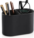 PU Leather Pen Holder for Desk, Small Remote Control Holder Pencil Cup Multifunctional Desktop Organizer Caddy for Home School Office Desk Accessories - 2 Compartments (Black)