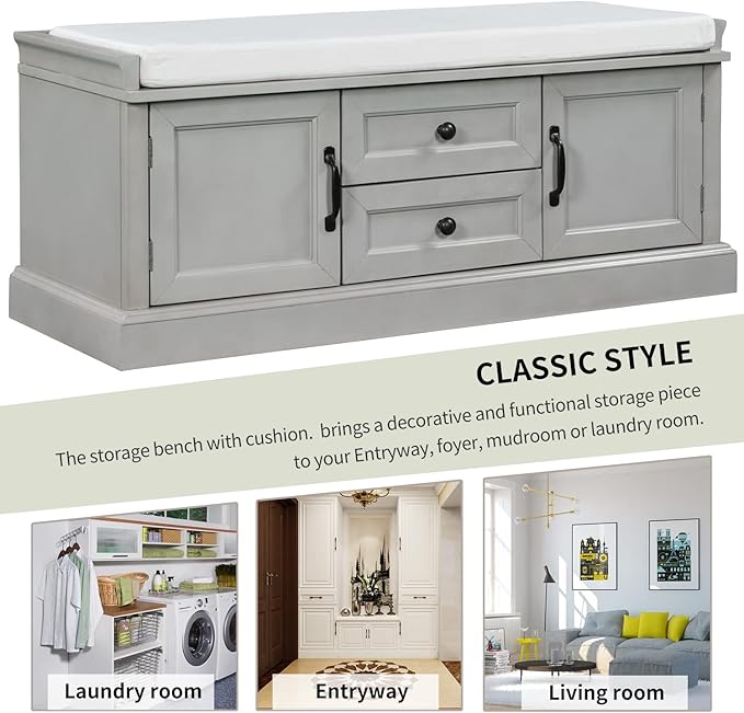 42″ Storage Bench with 2 Drawers and 2 Cabinets，Multipurpose Entryway Shoe Rack W/Removable Cushion，for Living Room Hallway Porch,Gray Wash