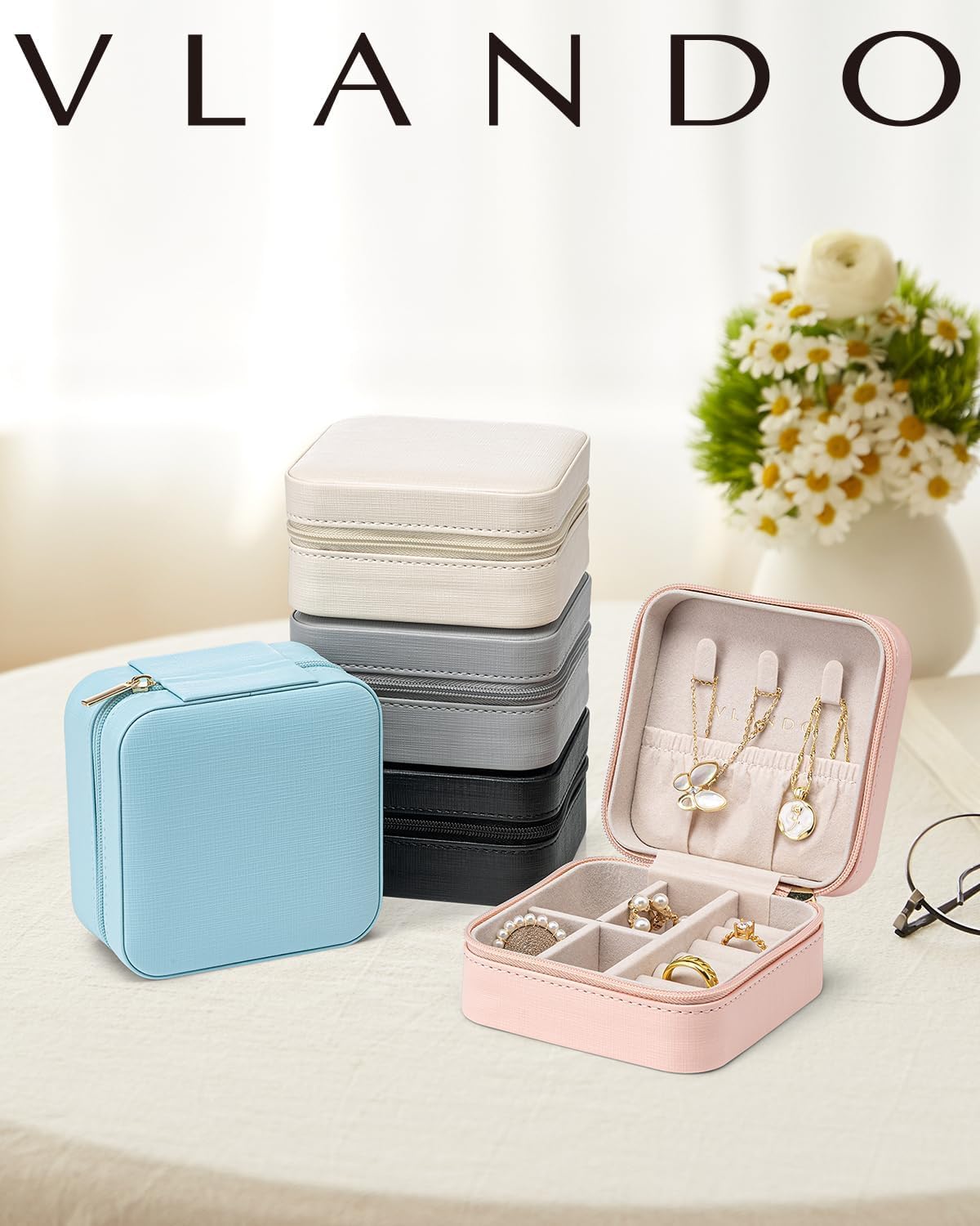 VLANDO Travel Jewelry Case, Compact Design, Necklace Hook, Anti-Tangle | Removable Dividers, Waterproof PU Leather, Scratch-Resistant Lining, Portable Storage for Rings, Earrings, Necklace，Bracelet