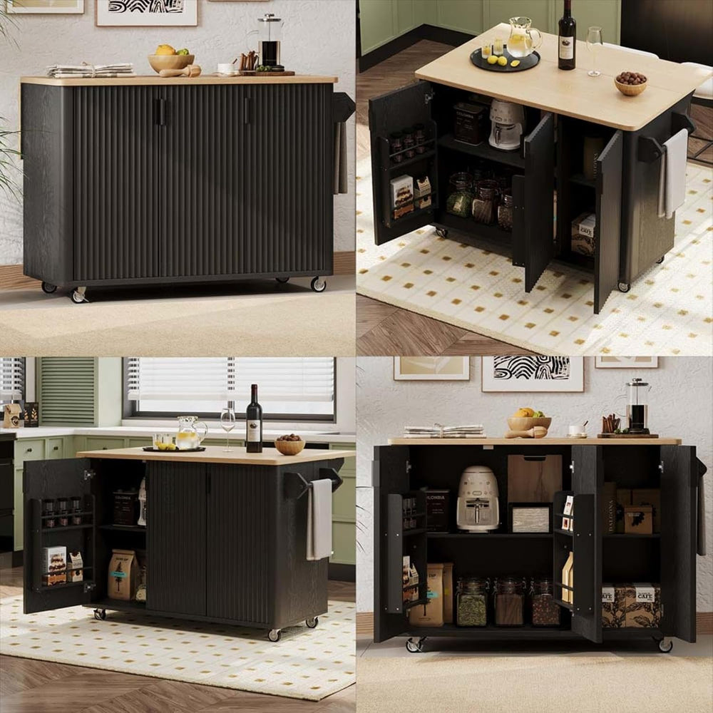 Floating Island Kitchen with Drop Leaf Height-Adjustable Shelves, Kitchen Tab...