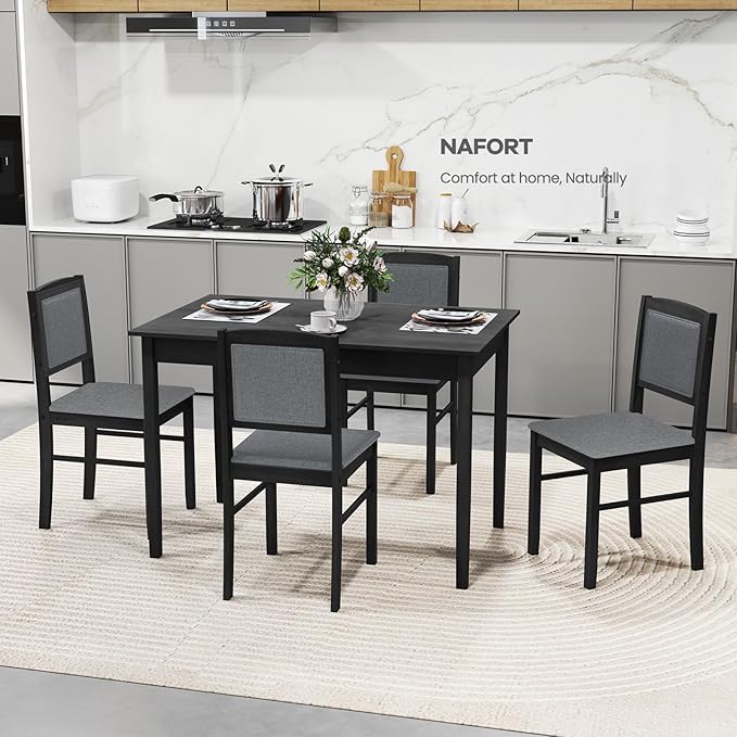 NAFORT Kitchen Table Set for 4, Mid-Century Modern Dining Table and Chairs Set of 4, Farmhouse Dinner Set w/ 4 Upholstered Chairs, Rubber Wood Dinette Set for Kitchen& Dining Room, Restaurant