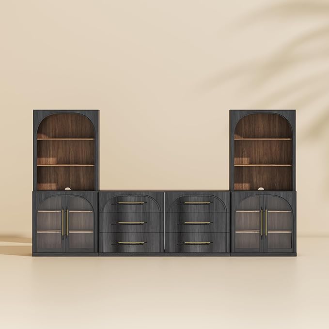 BELLEZE 6-Piece Modular TV Stand Set - 2 Arched Glass Door Sideboards, 2 Sideboards with Drawer, 2 Hutch Cabinets, Classic Modern Media Console Entertainment Center for Living Room (Ebony)