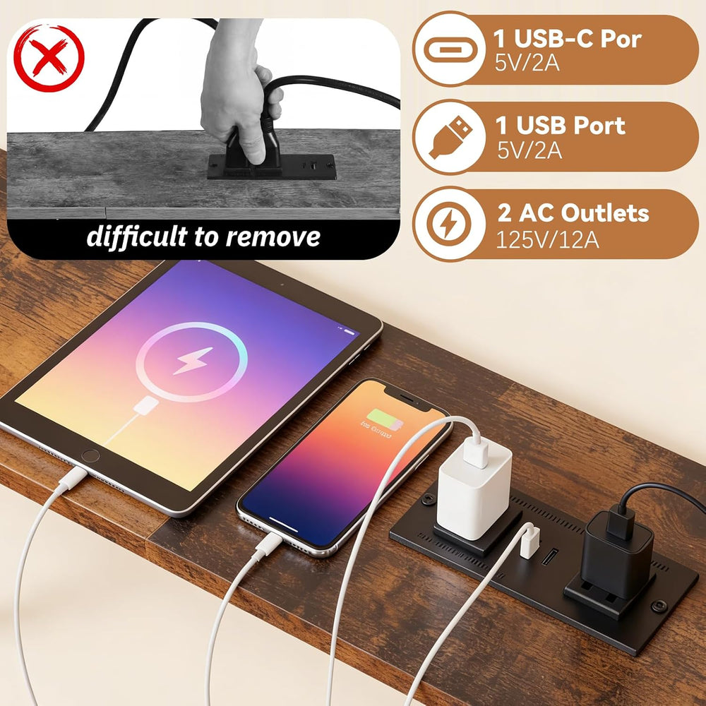 Adjustable Behind Couch Table with Outlets, Brown