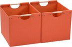 HOONEX Large Collapsible Storage Bins, Linen Fabric, Pack of 2, Storage Baskets with Wooden Carry Handles and Sturdy Heavy Cardboard, for Home, Office, Car, Nursery, Orange