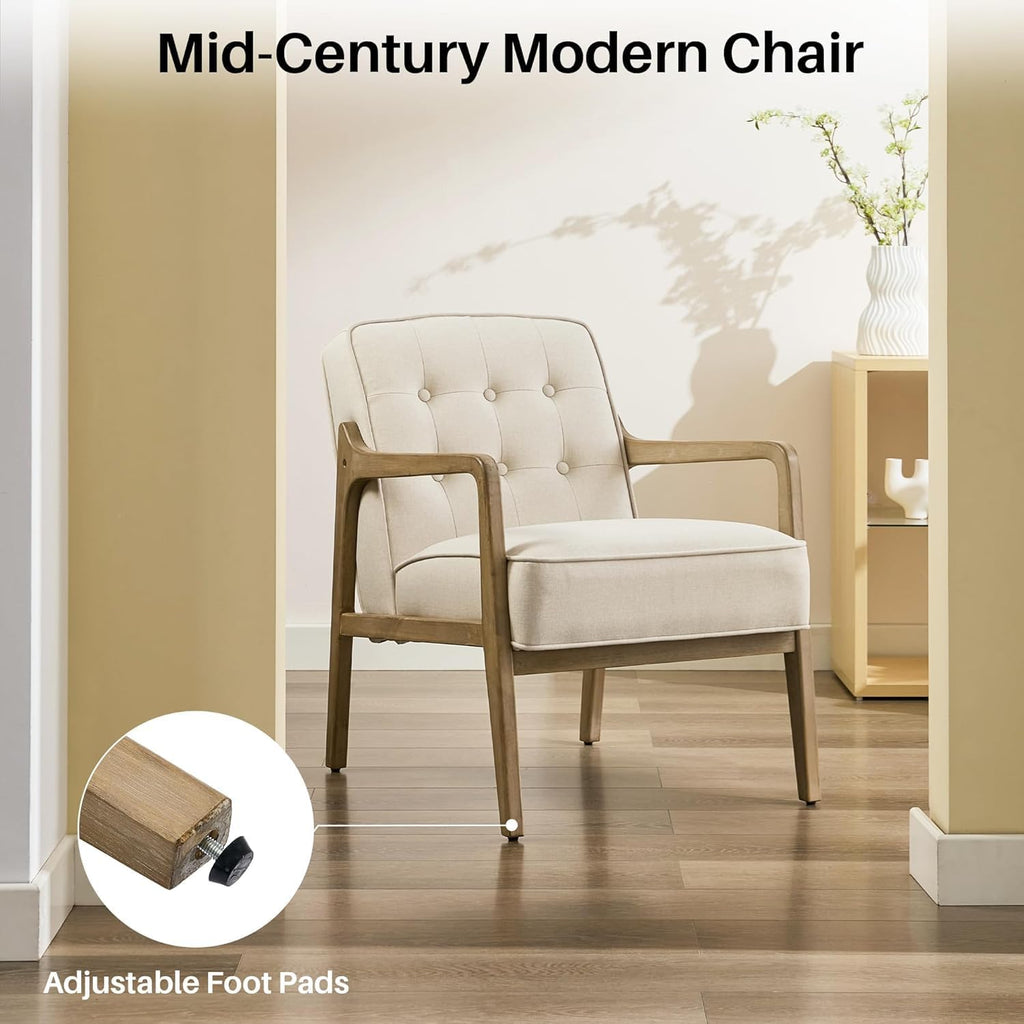 SOFTHION Linen Mid Century Modern Chair with Solid Wood Frame 2-Pack, White | Upholstered Tufted Leisure Chair Reading Side Chair with Armrest, 105°Ergonomic Comfort for Living Room, Bedroom & Balcony