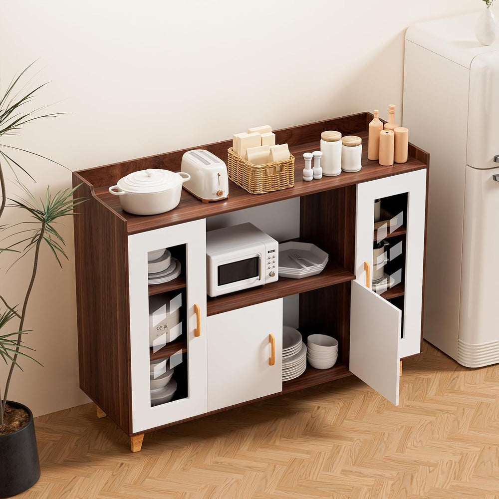120cm Kitchen Storage Cabinet with 4 Doors & Open Shelf, Wood Grain Buffe...