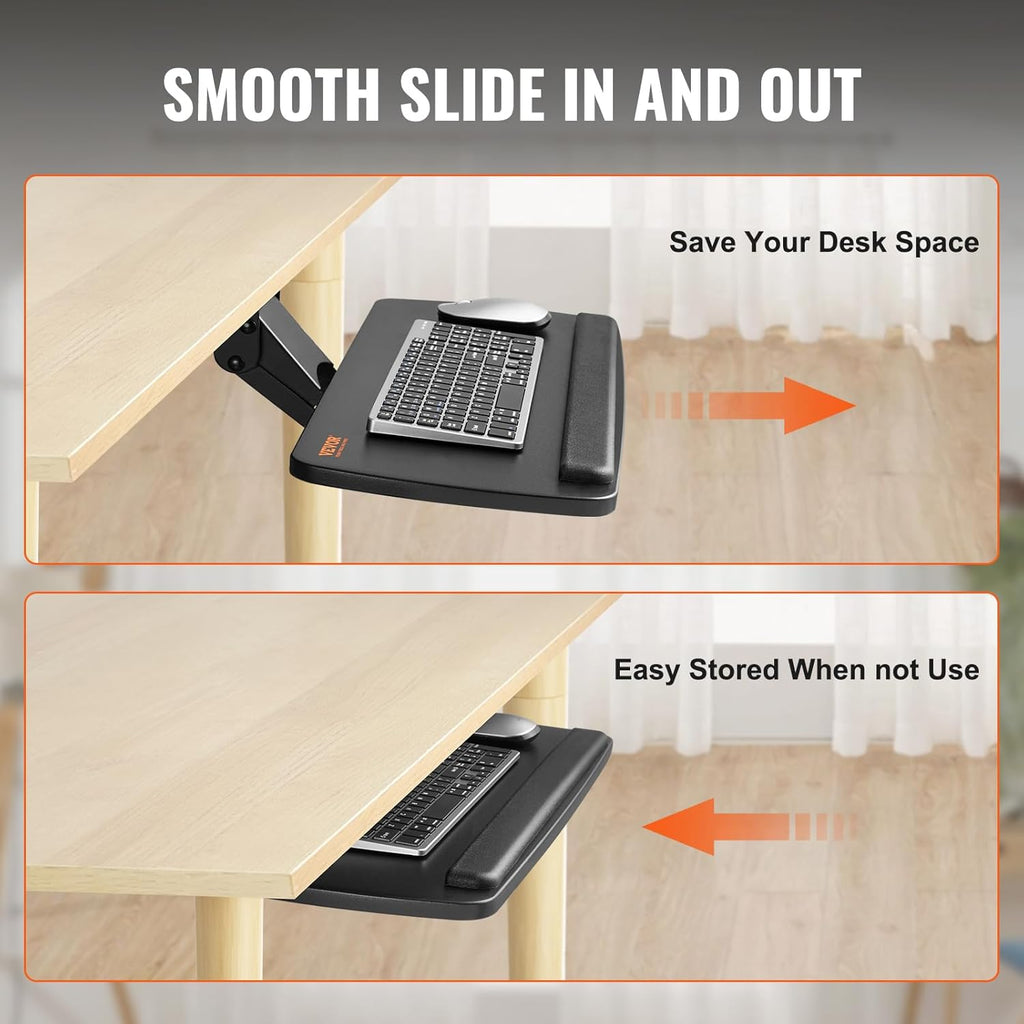 VEVOR Under-Desk Keyboard Tray, Adjustable for Height and Tilt, Slide-Out Design, Spacious 25x9.8 Inch Surface, Ideal for Home and Office Use
