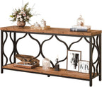 IBF 63 Inches Long Farmhouse Entryway Table, Rustic Wood Metal Sofa Console Table with Storage Shelves, Narrow Industrial Behind Couch Entry Hallway Table for Home Living Room, Rustic Brown Oak
