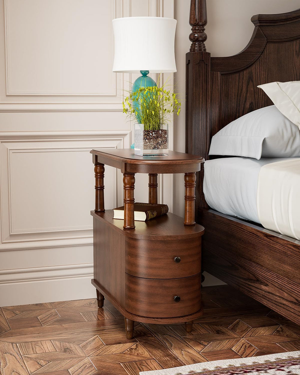 Biaco Solid Wood End Table with 2 Drawers & Shelf - Cherry Walnut Vintage...