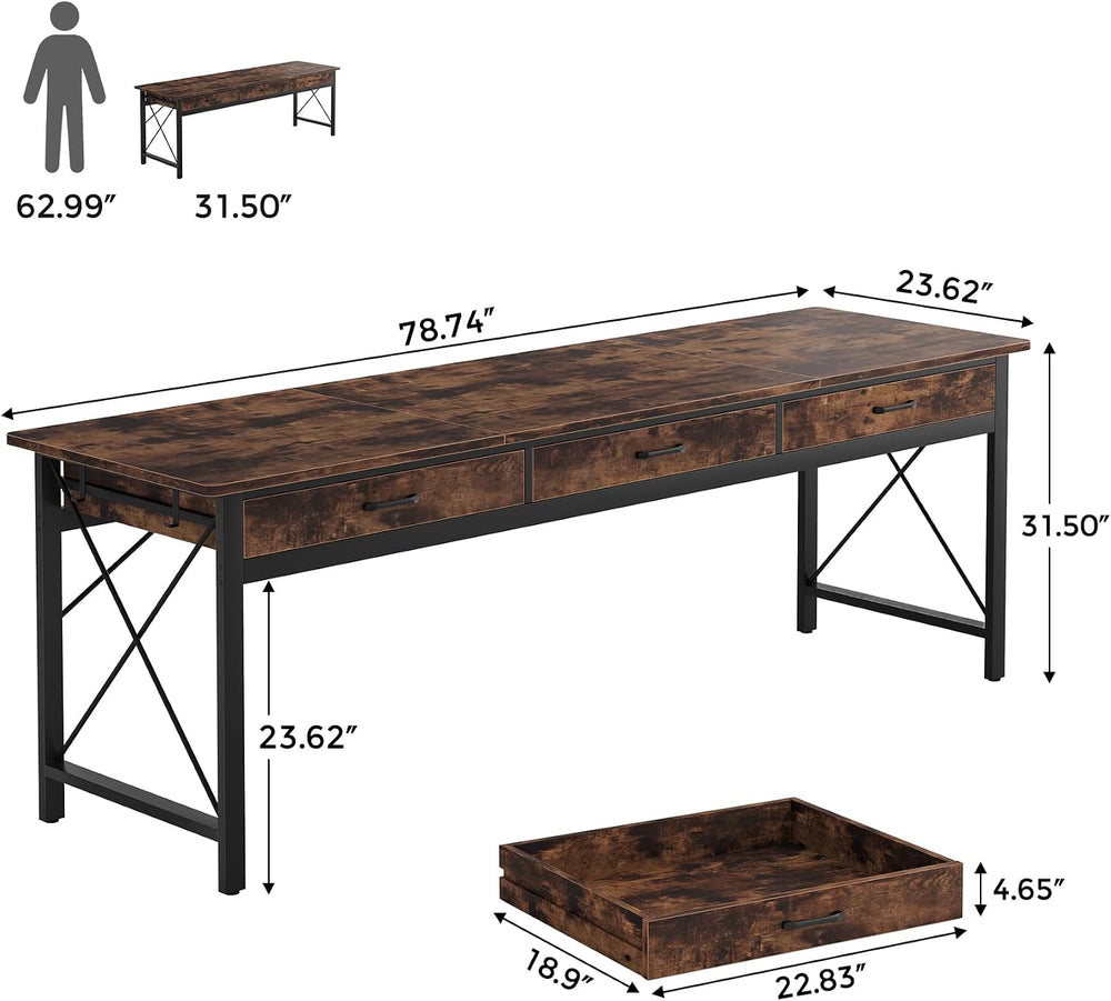 78.7 inch Extra Long Computer Desk with 3 Drawers, Brown/Black