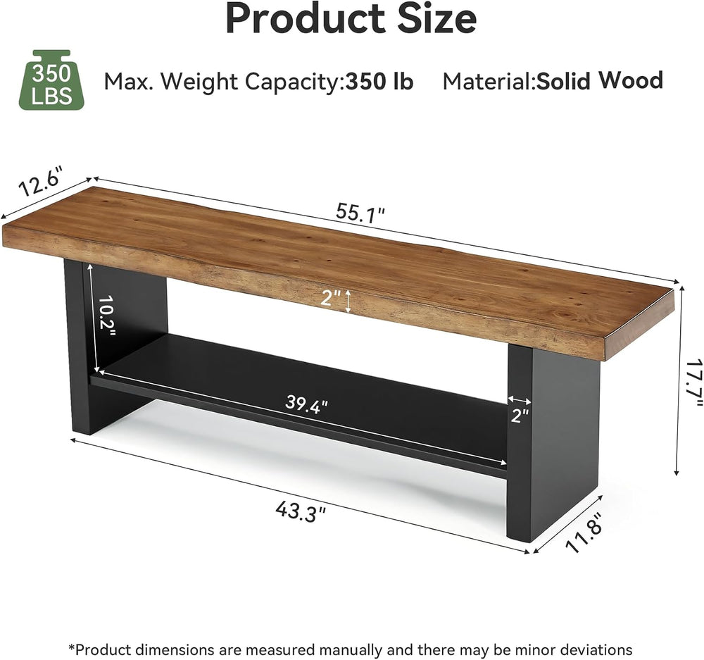 55" Solid Wood Bench with Shoe Storage, 2-Tier Farmhouse Entryway Bench,...
