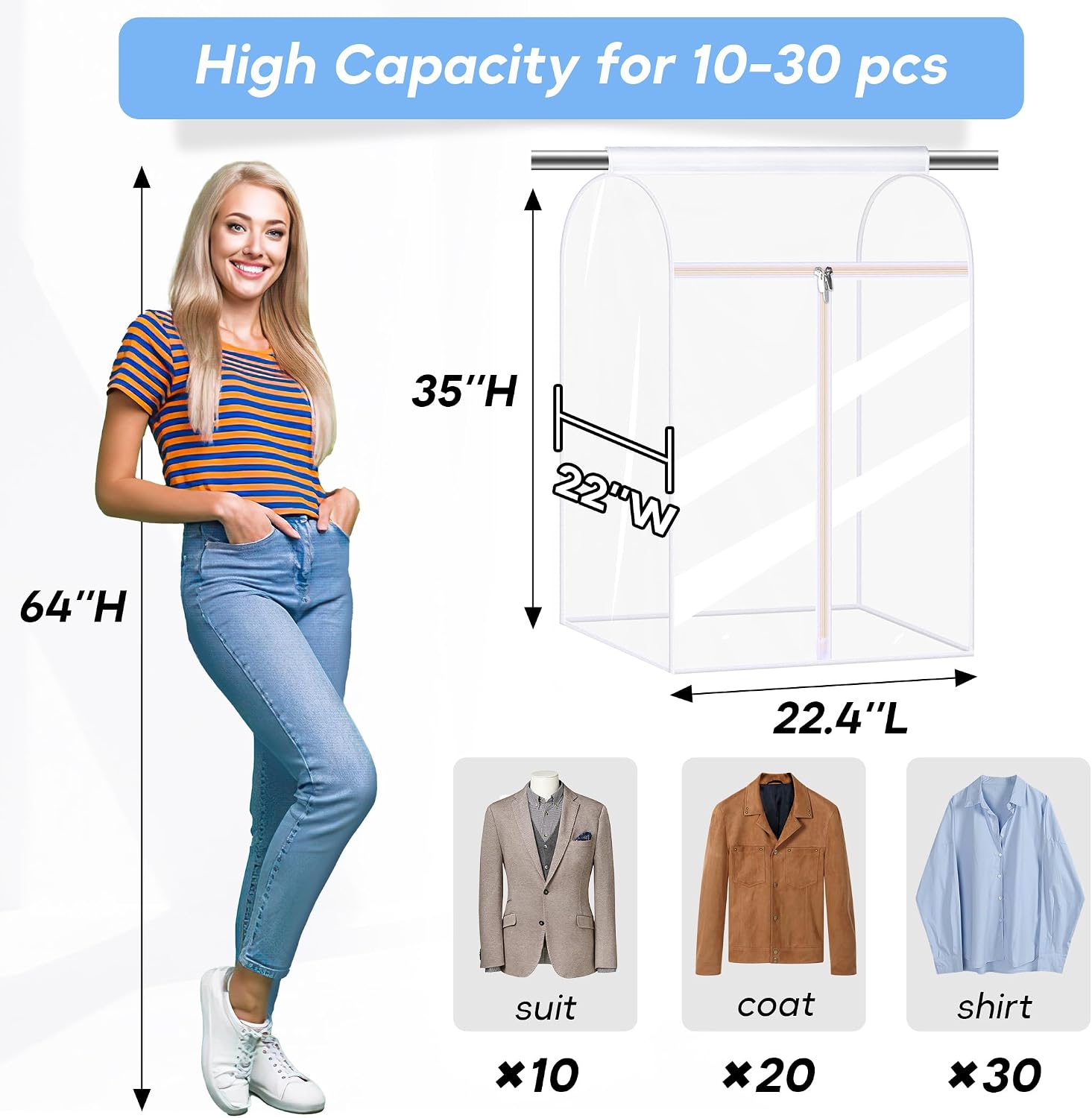 35" Hanging Garment Bags for Closet Storage Large Clear Garment Bags for Hanging Clothes Garment Rack Cover Coat Protector for Suit, Wardrobe, Bottom Enclosed
