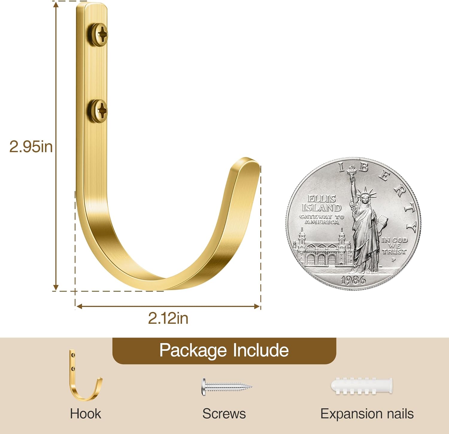 10 Pack Wall Hooks for Hanging Towel/Coat - 22LB Screw in Metal Hanger Wall Mount, for Outdoor, Closet, Door, Bathrooms, for Backpack, Robe, Brushed Gold