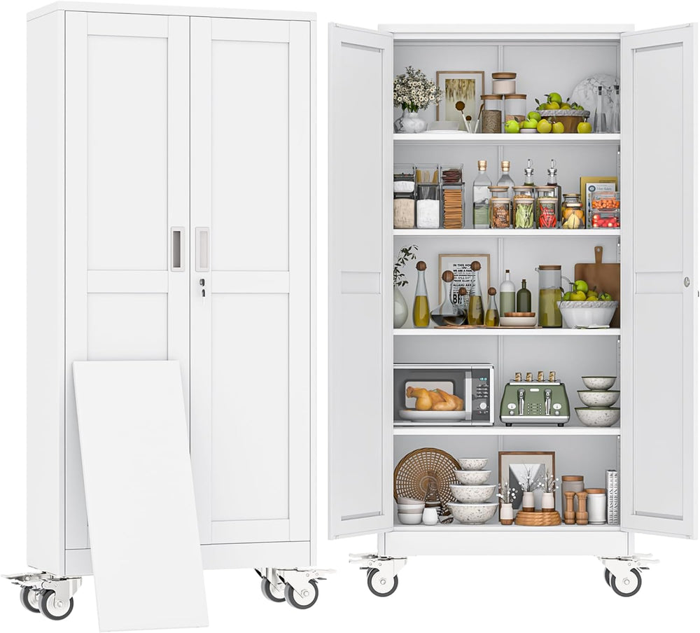 71" H Metal Pantry Storage Cabinet with Wheels,Rolling Kitchen Pantry Ca...
