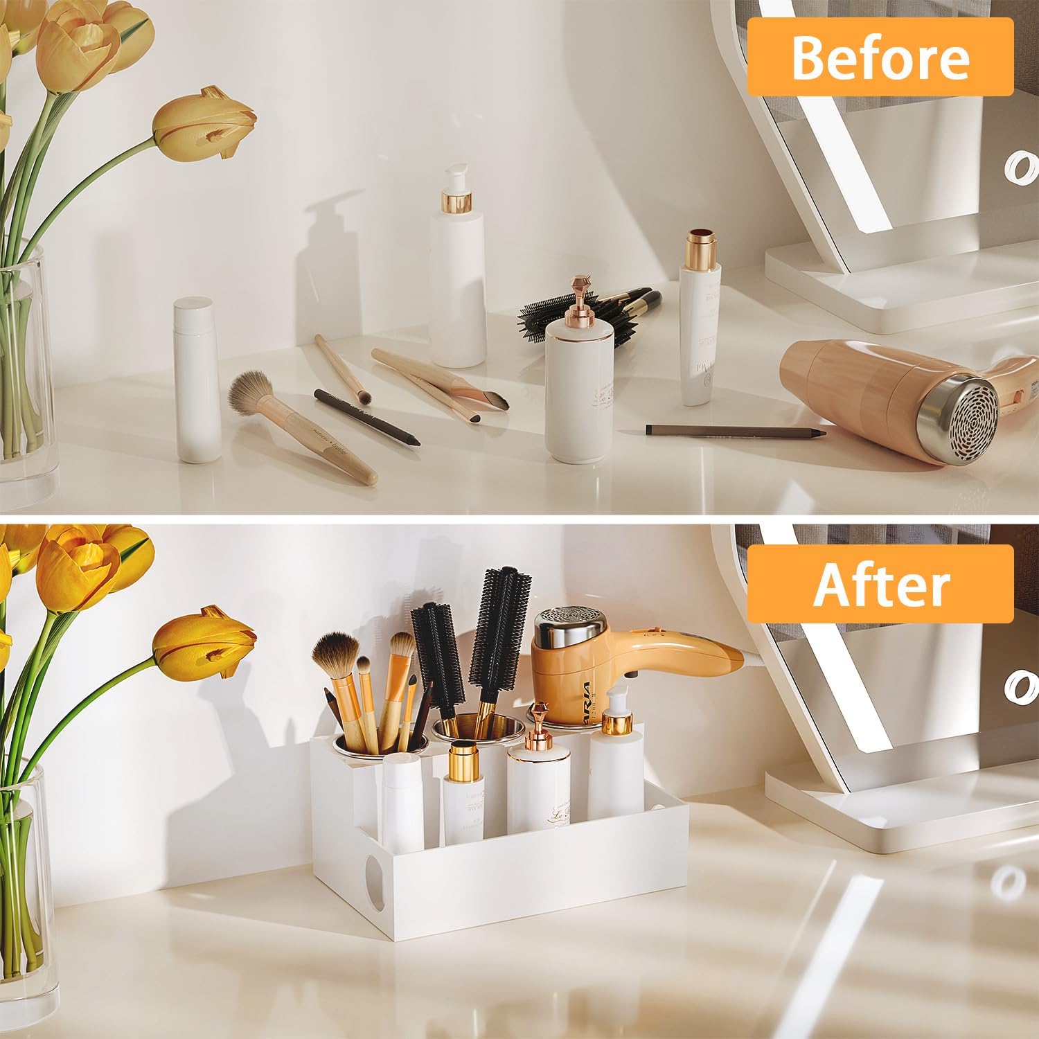 White Hair Tool Organizer Acrylic Hair Dryer and Styling Holder, Bathroom Countertop Blow Dryer Holder, Vanity Caddy Storage Stand for Accessories, Makeup, Toiletries