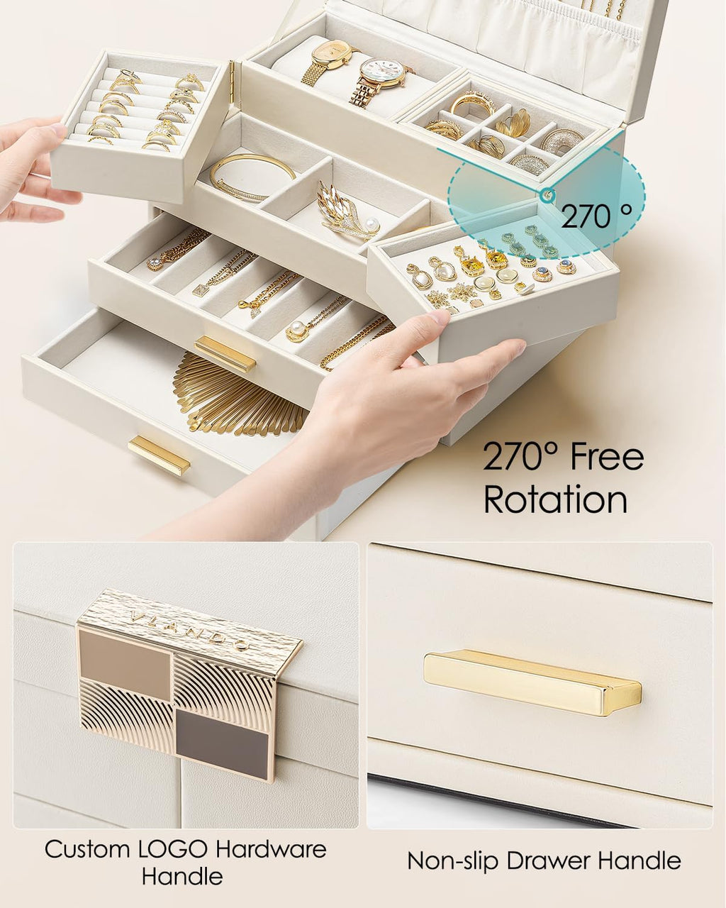 Vlando 4 Layers Jewelry Box - Women Jewelry Box with Retractable Tray - Jewelry Organizer with Drawer for Necklaces, Rings, Bracelets, Earrings, Gift for Couples Mom Girls - Could White