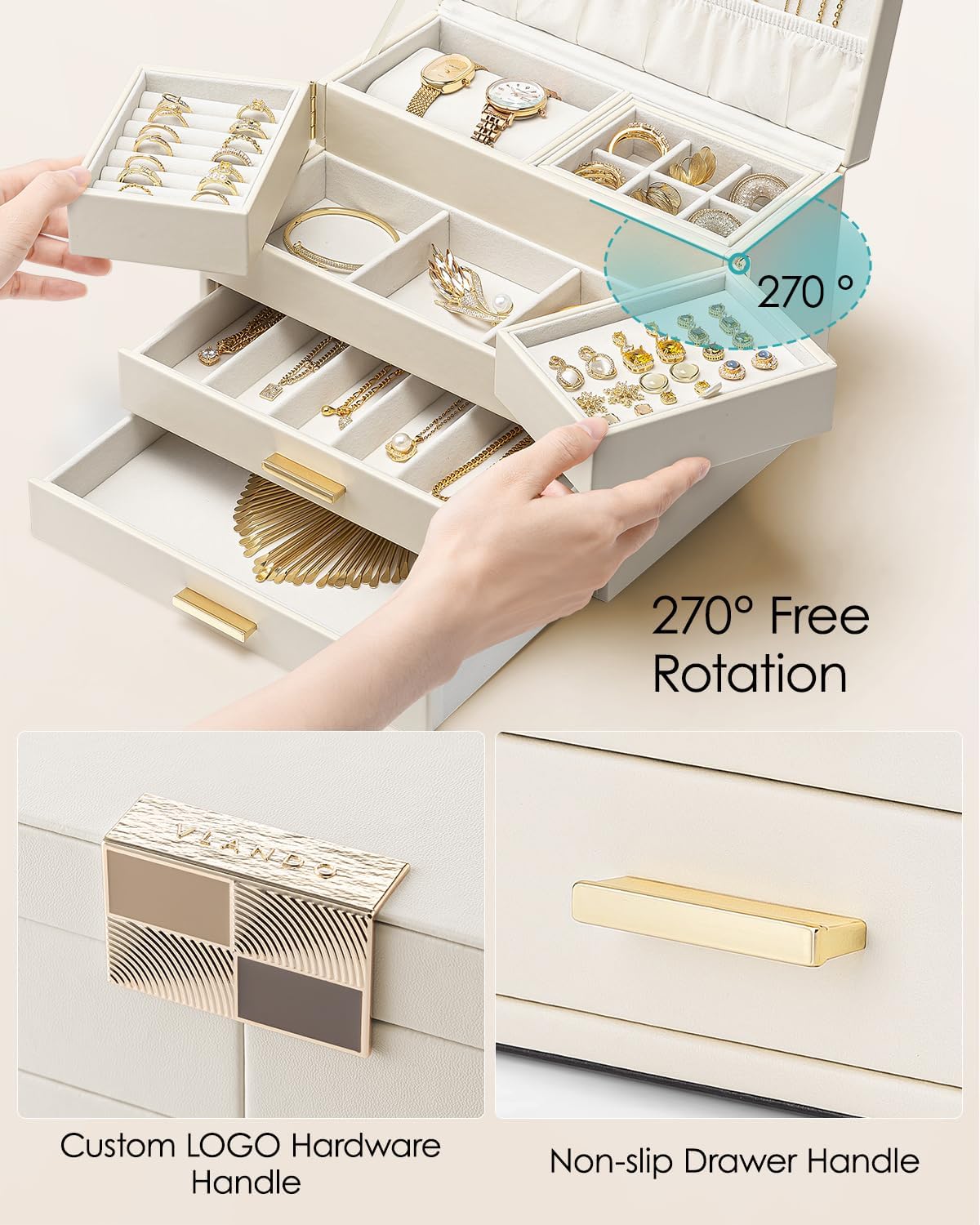 Vlando 4 Layers Jewelry Box - Women Jewelry Box with Retractable Tray - Jewelry Organizer with Drawer for Necklaces, Rings, Bracelets, Earrings, Gift for Couples Mom Girls - Could White
