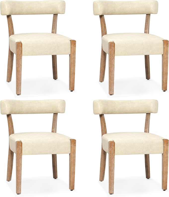Modern Dining Chairs Set of 4, Faux Leather Upholstered Kitchen & Dining Room Chairs, Mid Century Modern Wooden Dining Chairs Oversized Sturdy Rounded Chairs Curved Back, Beige
