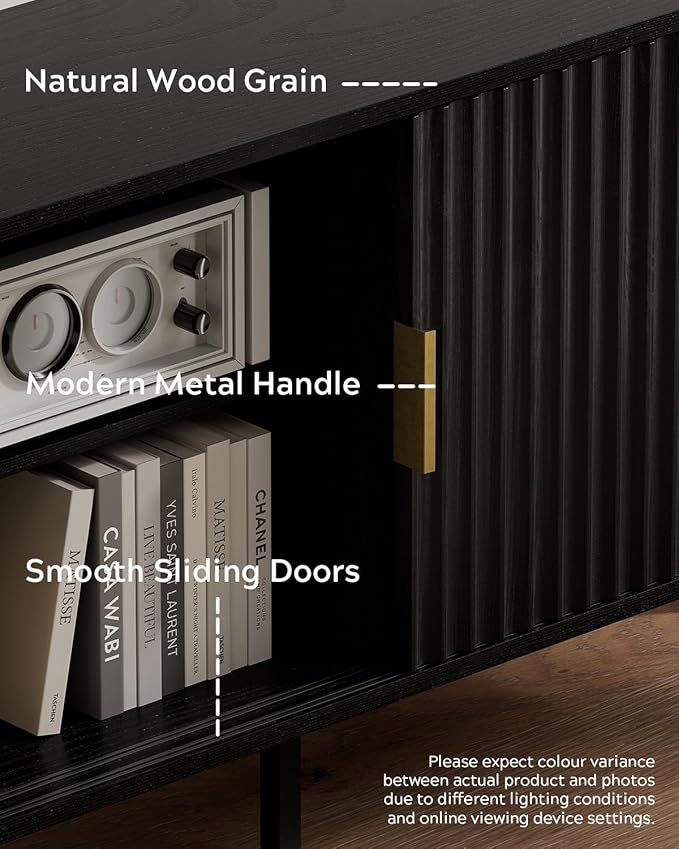 Black Fluted Tv Stand with Sliding Doors, 47" Mid Century Entertainment Center with Adjustable Shelf, Wooden Media TV Console with Storage Cabinet