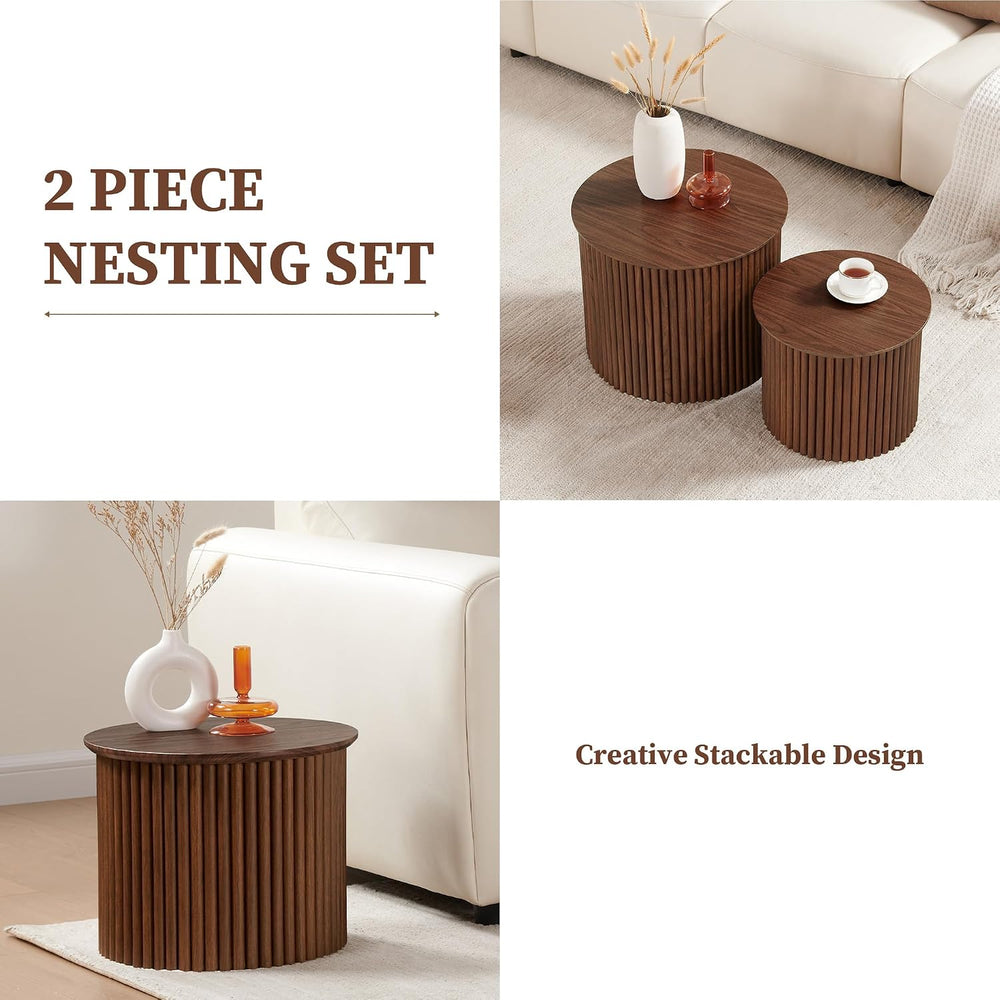 Small Fluted Round Nesting Coffee Table Set of 2, Mid Century Modern Coffee T...