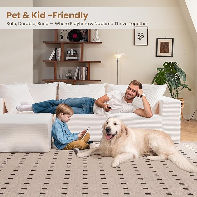 108" L-Shaped Boneless Couch, Modular Sectional Sofa with Moveable Ottoman, Corduroy Cloud Couches for Living Room, No Assembly, Ship in a Box, Beige