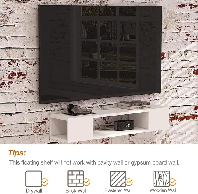 GHC Floating TV Stand, Wall Mounted Entertainment Center and Cabinet Shelf, Media Console for DVD Player, Space-Saving Under TV Shelf for Bedroom, Living Room (White)