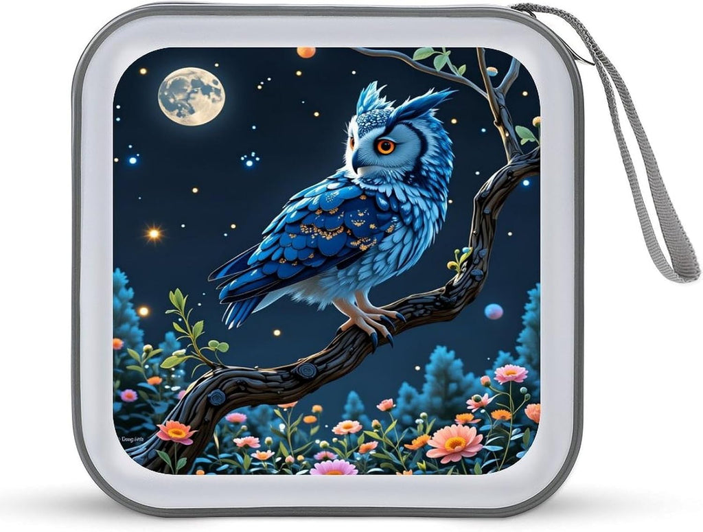 One Enchanted Night Owl CD DVD Case Holder, 40 Disc Storage Wallet with Exclusive Printed Design, Zipper Closure And Handle for Music Movies Games Travel Car