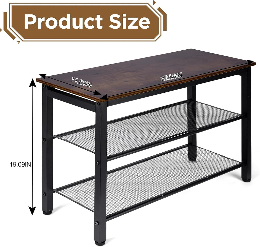 3-Tier Shoe Rack Bench, Hardwood & Alloy Steal Entryway Storage Organizer for Front Door Entrance, Bedroom, Living Room, 300lb Capacity (3-Tier Shoe Bench (Metal Mesh))