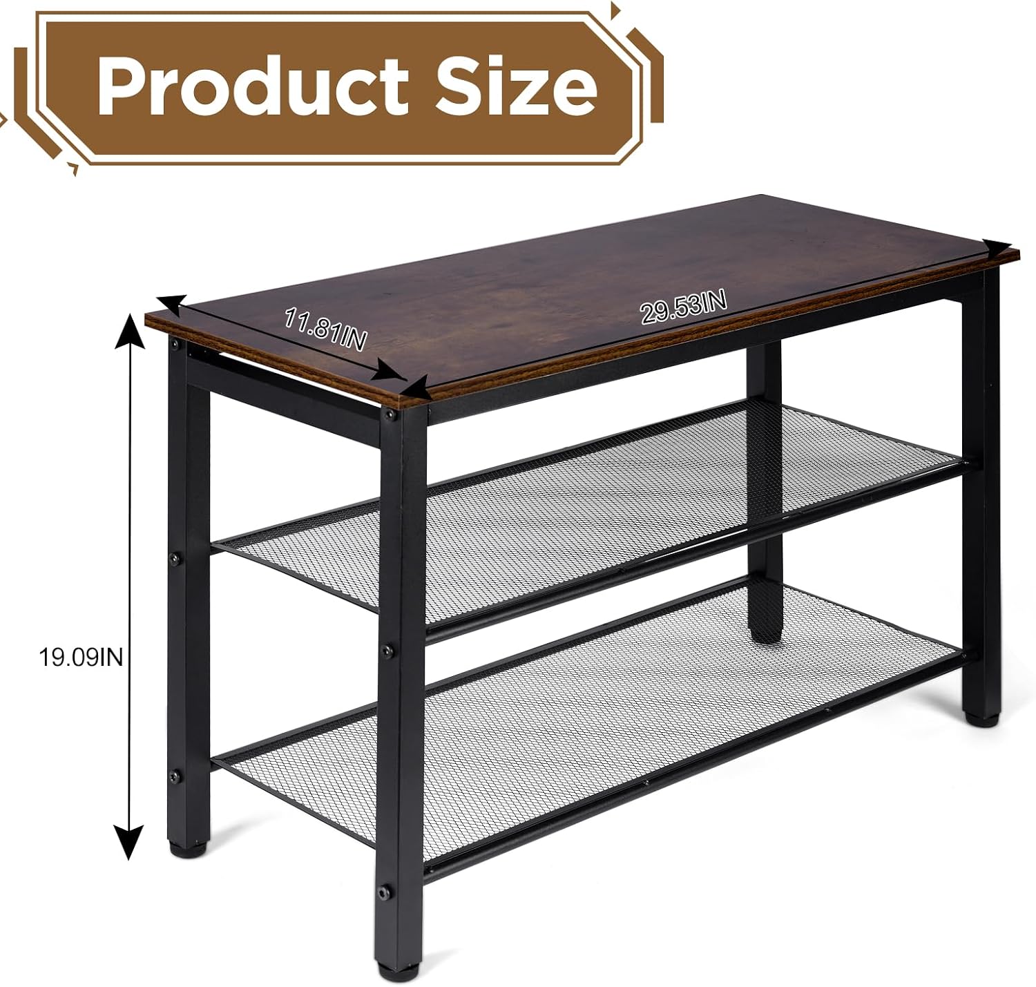 3-Tier Shoe Rack Bench, Hardwood & Alloy Steal Entryway Storage Organizer for Front Door Entrance, Bedroom, Living Room, 300lb Capacity (3-Tier Shoe Bench (Metal Mesh))