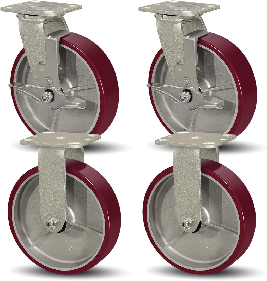 SY America 8" X 2" Casters Wheels,Heavy Duty Casters Set of 4，Polyurethane on Aluminum Wheels,2 Rigid 2 Swivel w/Top Lock Brake Casters,6400 LBS Load Capacity