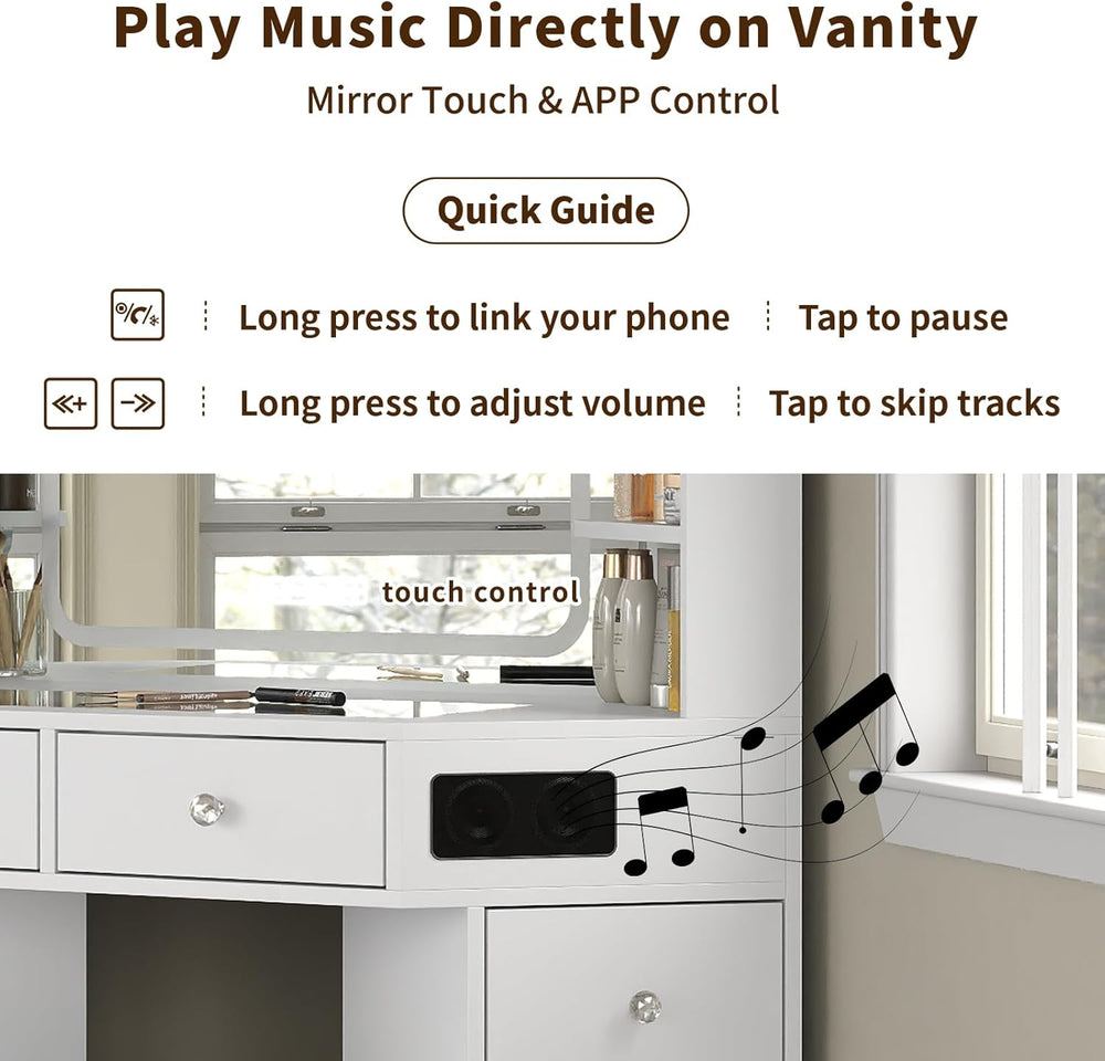 Yanosaku Corner Vanity Desk with Buil-in Speaker, 8 Drawers & 6 Shelves, ...