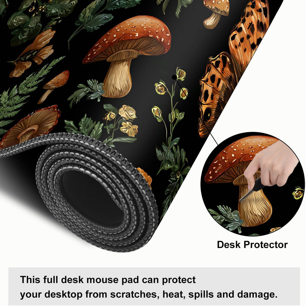 Vintage Butterfly Mushroom Mouse Pad – Large Extended Desk Mat 31.5 x 11.8 in– Dark Forest Aesthetic with Ferns & Fungi, Waterproof Surface, Non-Slip Rubber Base, Keyboard & Mouse Pad