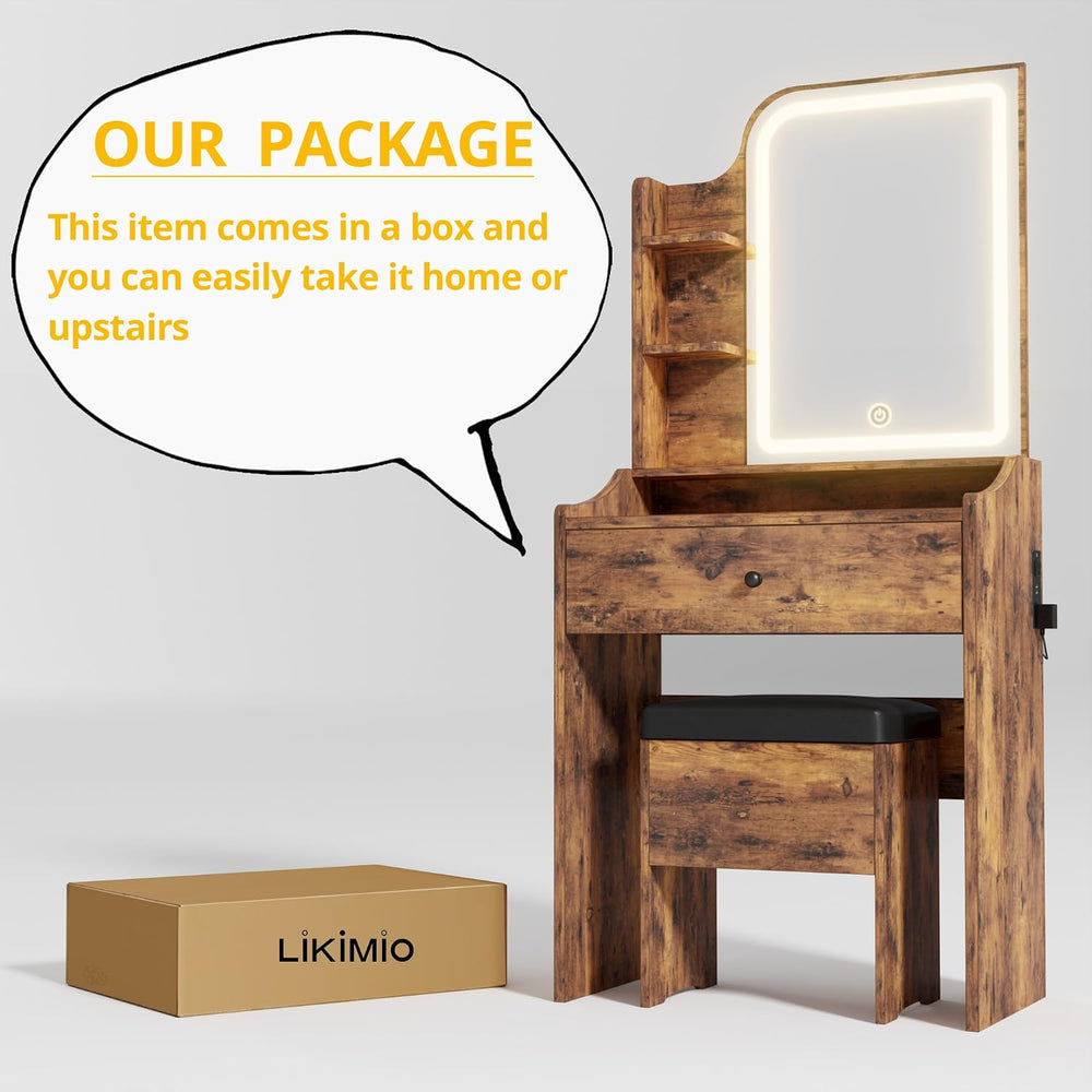LIKIMIO Small Vanity Desk with Mirror Lights and Storage Stool | Vintage brow...