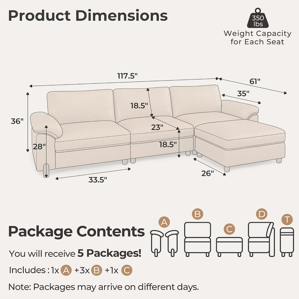 Cloud Couch Sectional, 3 Seater L-Shaped Sofa, Faux Leather in Brown | Pet-Friendly Scratch-Resistant Leather Sectional Sofas for Living Room, Deep Seat Wide Couch with Chaise, Storage Ottoman