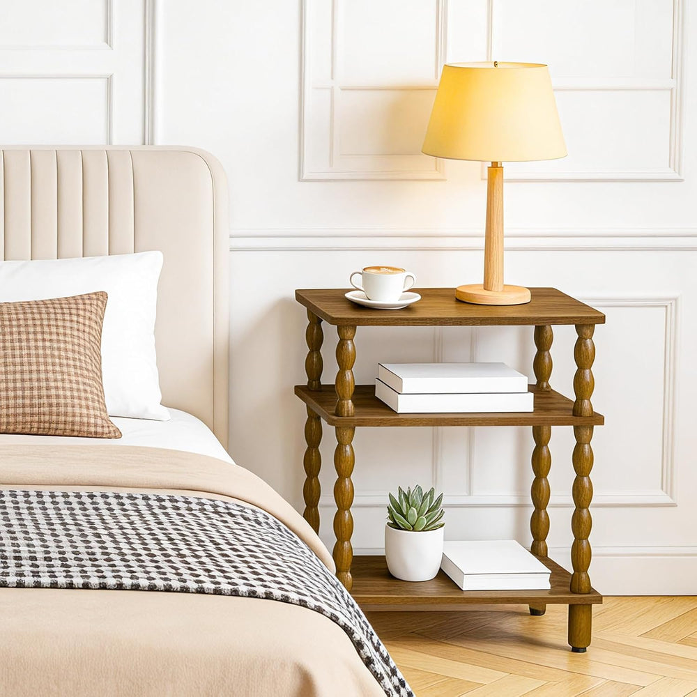 HOOBRO Narrow Side Table, Skinny End Table with Storage, Solid Wood Legs, 3-T...